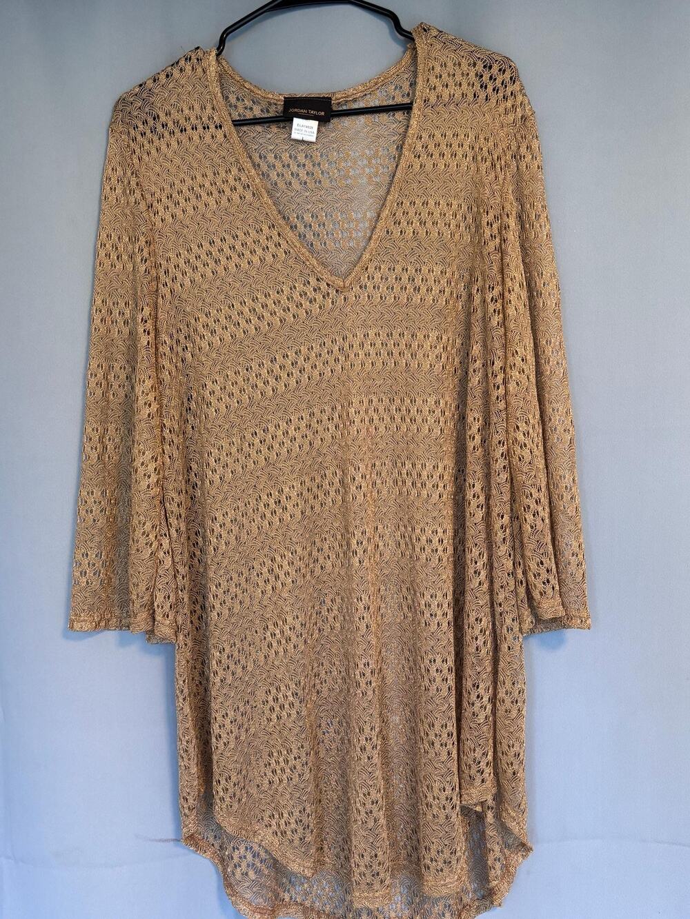 JORDAN TAYLOR V-Neck Bell Sleeve Tunic Cover Up Gold Elanur Knit Dolman Large L